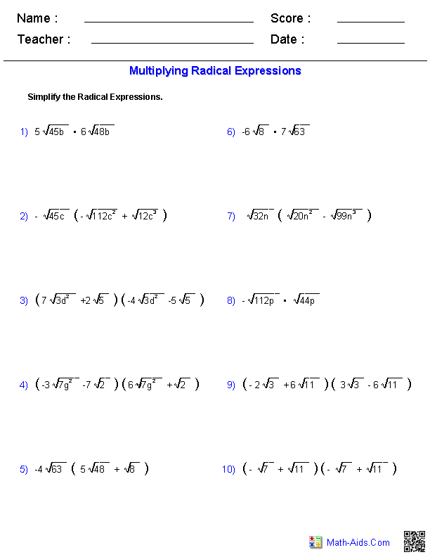 Algebra 1 Radicals Worksheet