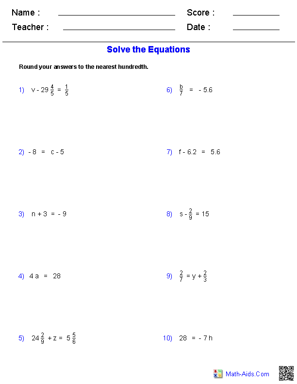 Algebra 1 Step Equation Problems Worksheets