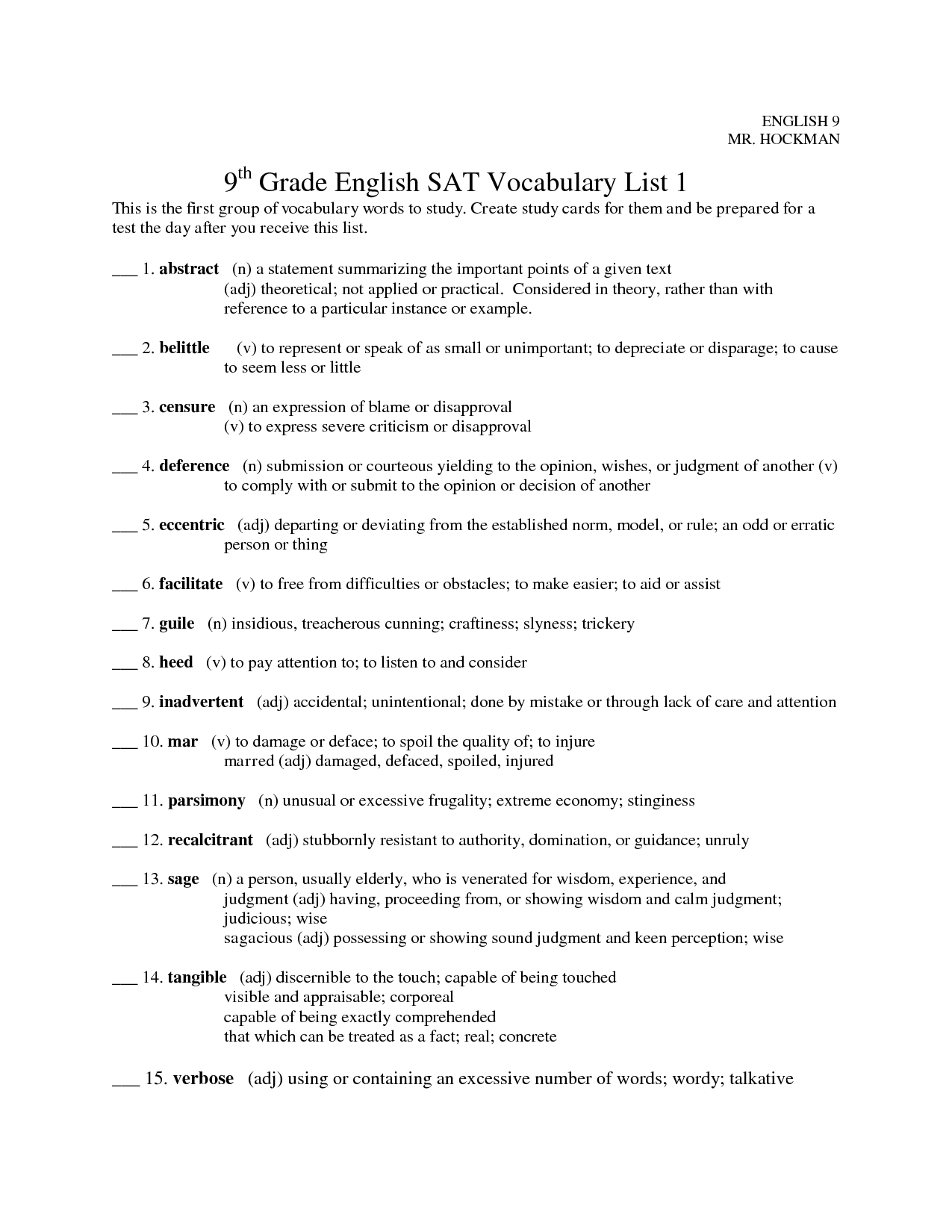  9th Grade Vocabulary Worksheets