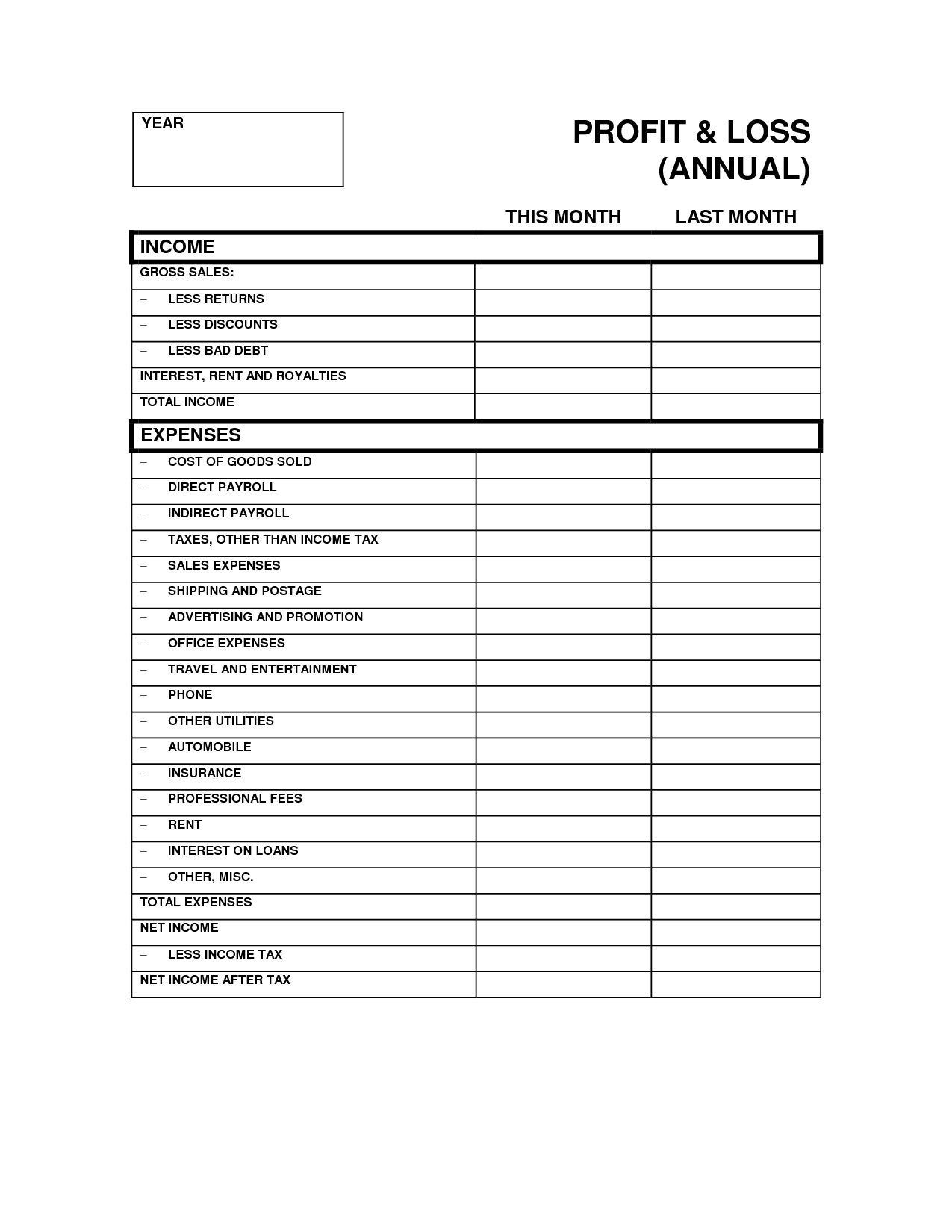 Monthly Profit And Loss Statement Template Free