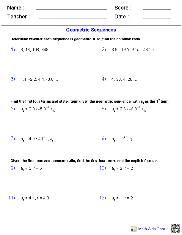 Geometric Sequence Worksheet Algebra