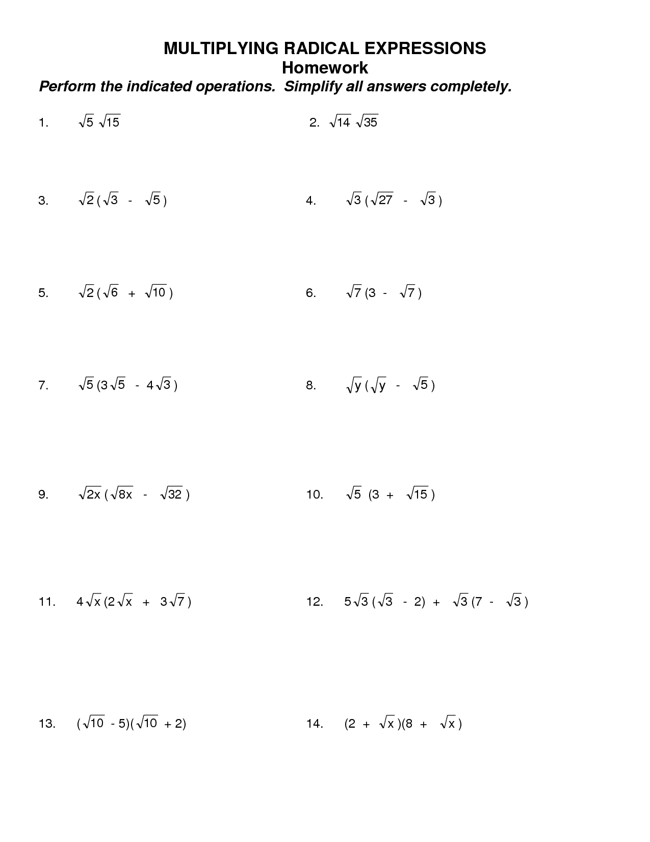 Radical Simplification Of Numbers Worksheet