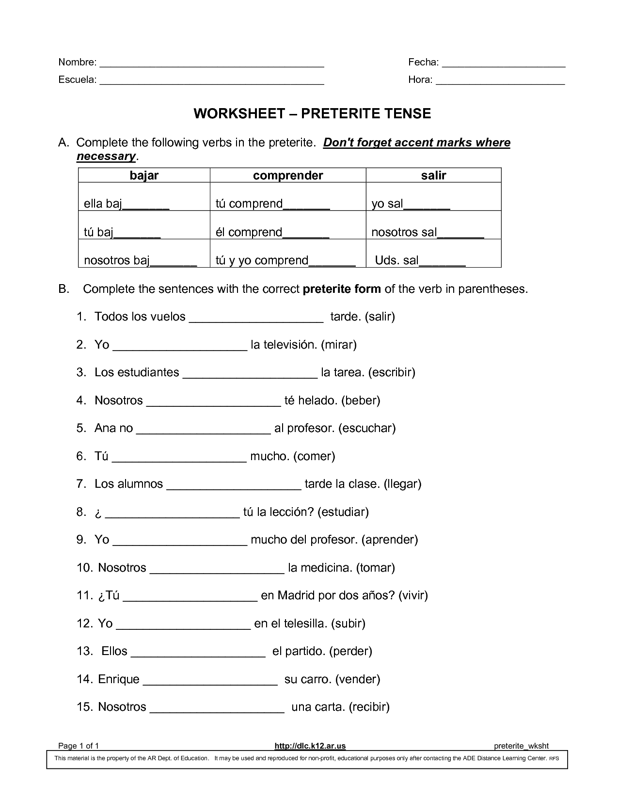 Spanish Worksheets Imperfect Tense
