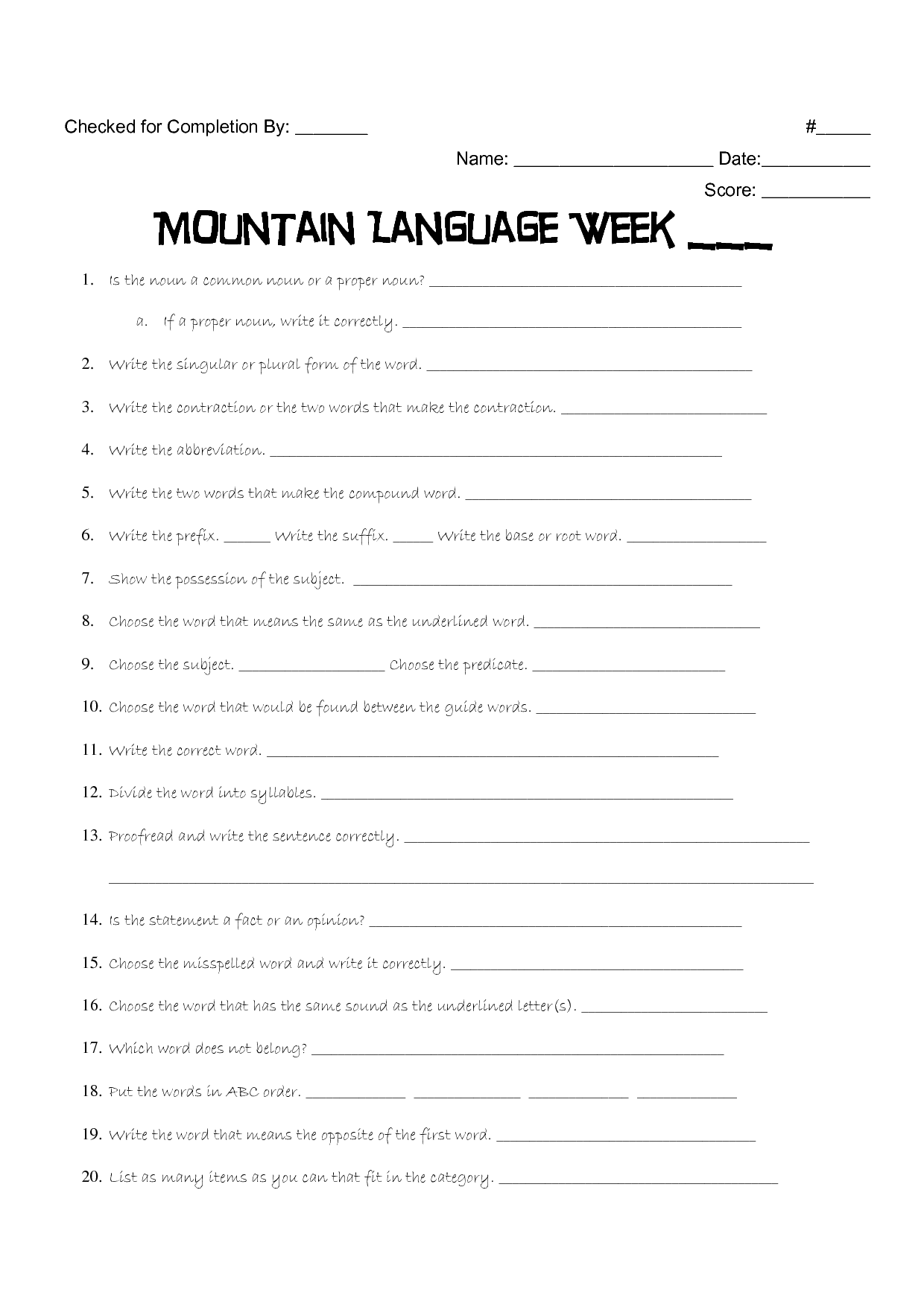 3rd Grade Mountain Language Worksheet
