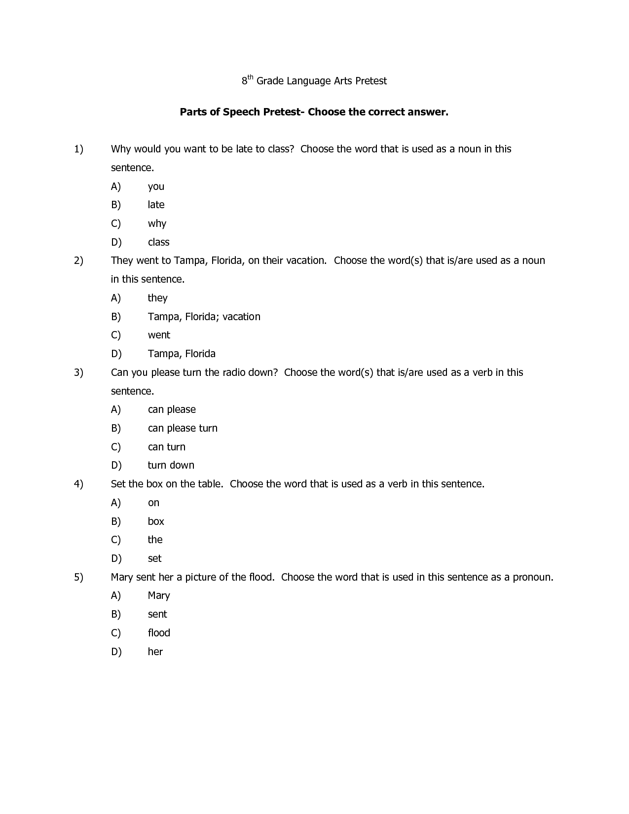 English 8th Grade Grammar Worksheet