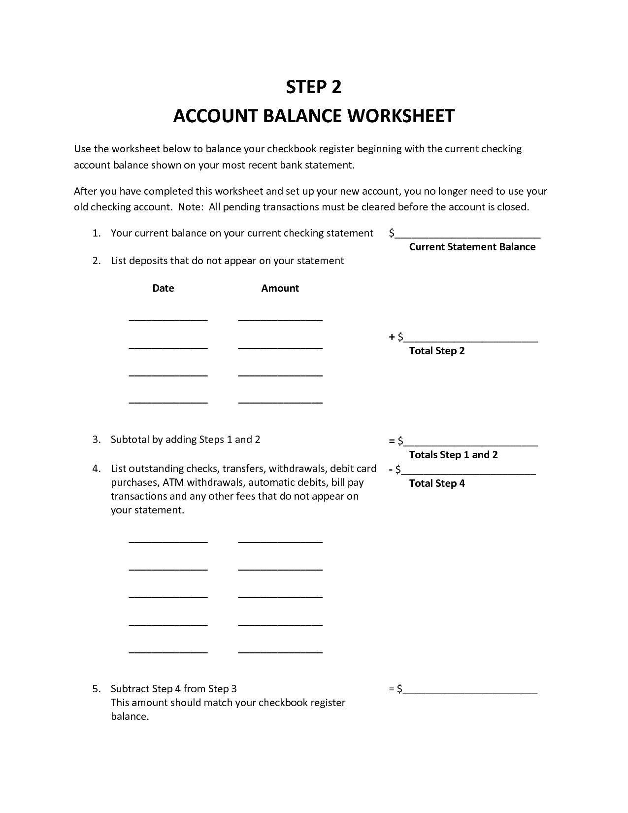 Account Balance Worksheet