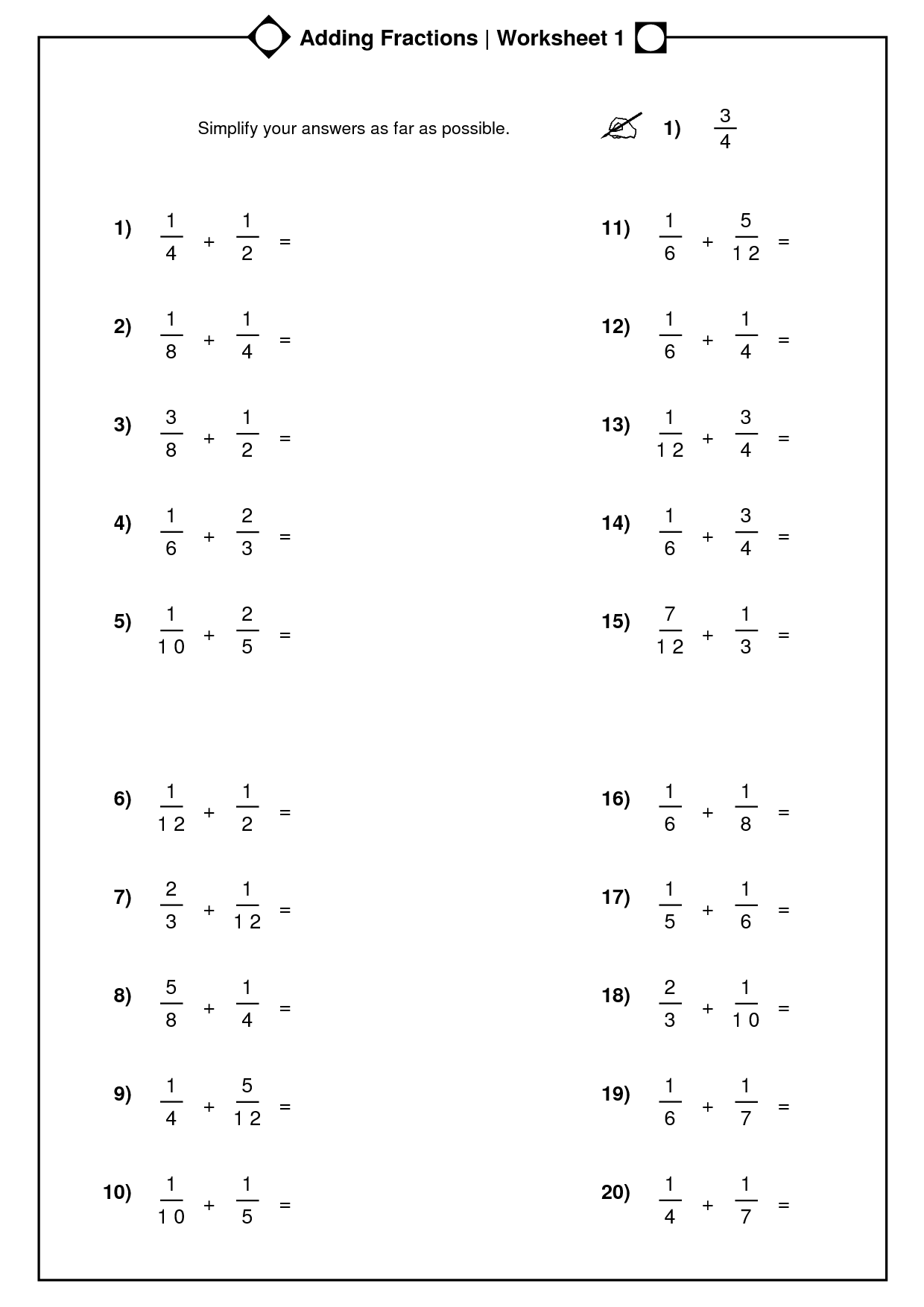 Adding Fractions and Mixed Numbers Worksheets