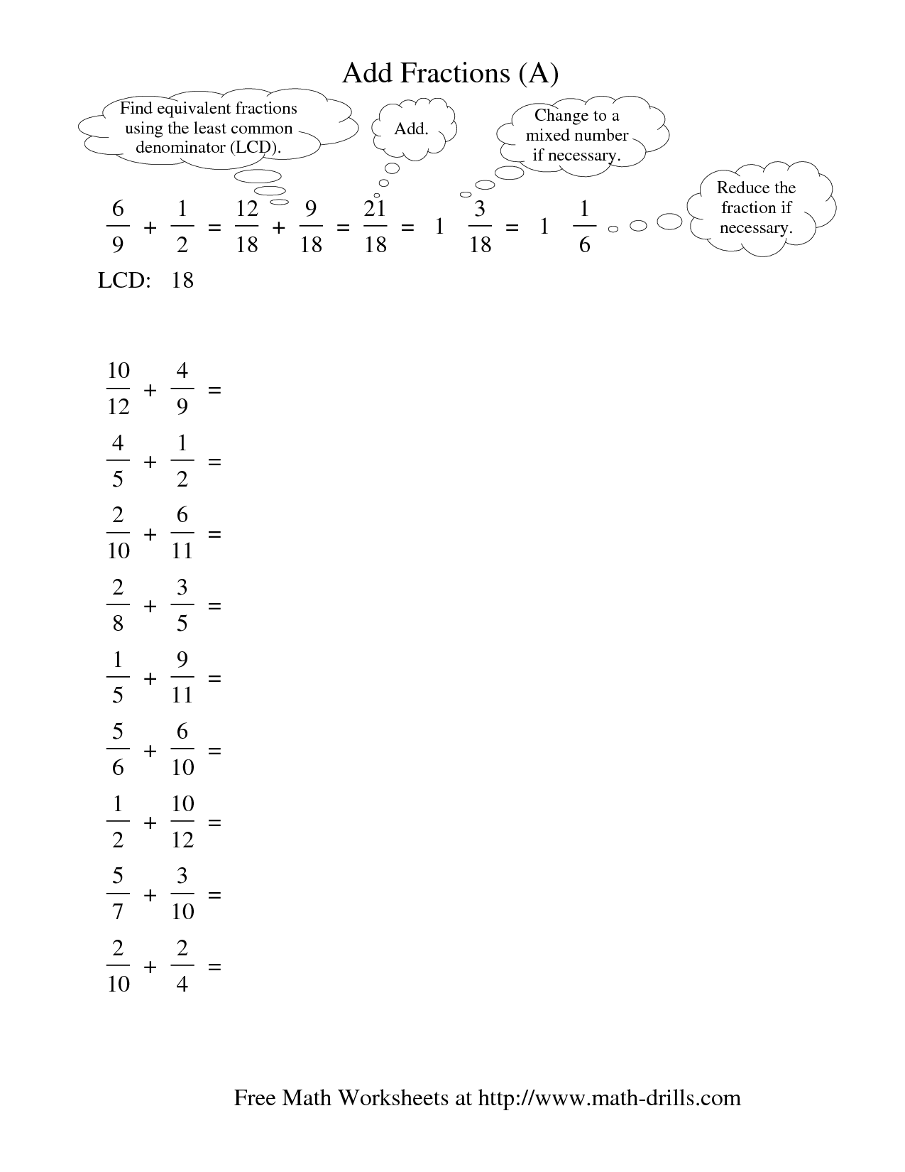 Adding Fractions with Different Denominators Worksheet
