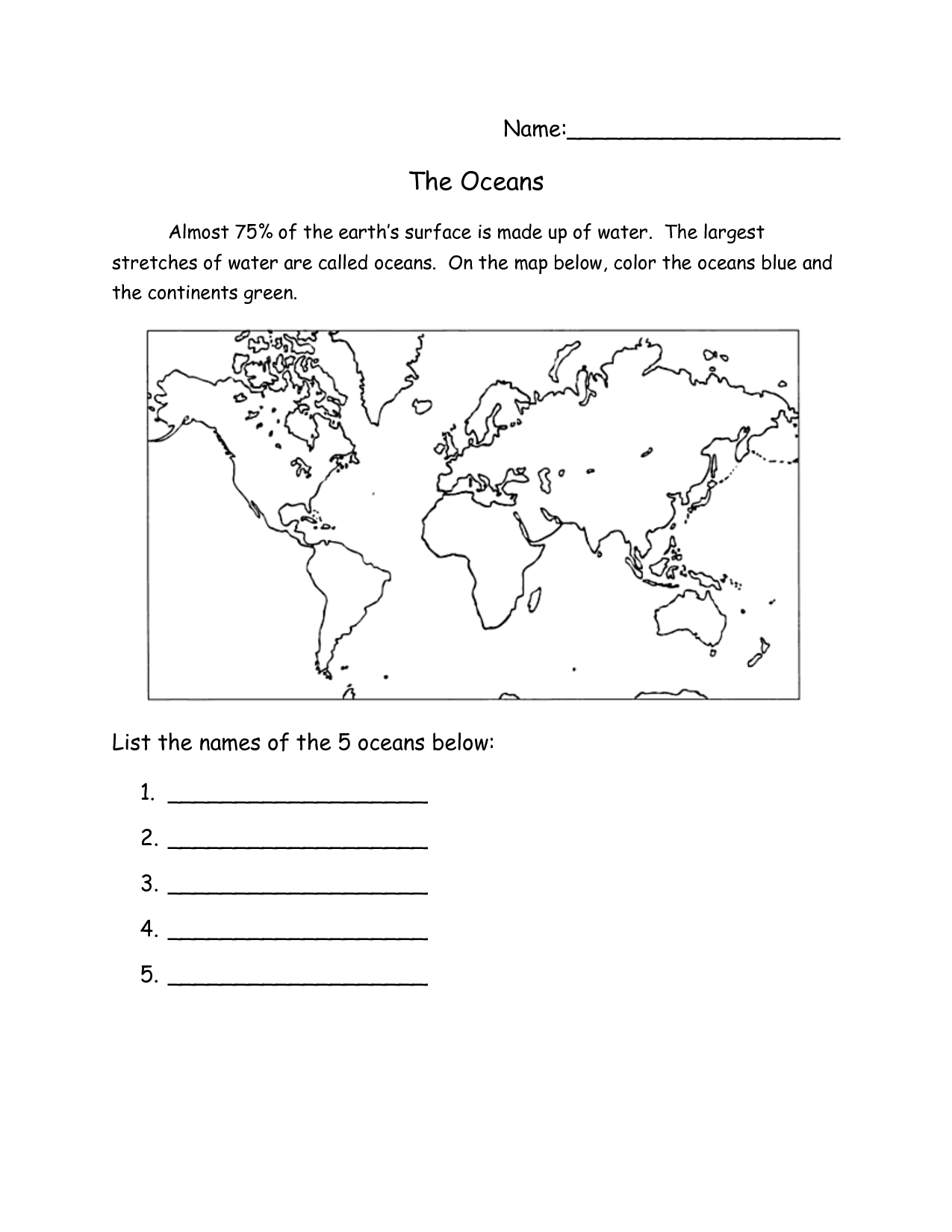 Continents and Oceans Worksheets