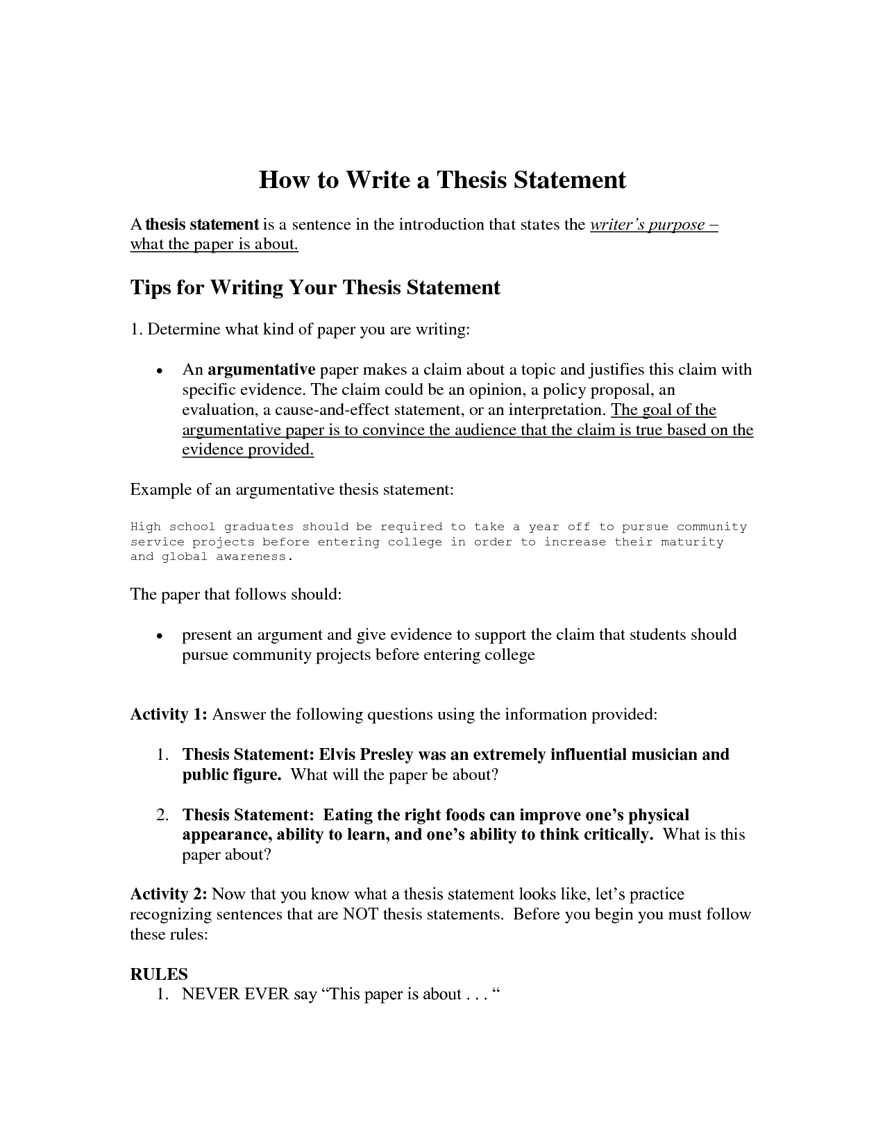 Developing a thesis statement worksheet