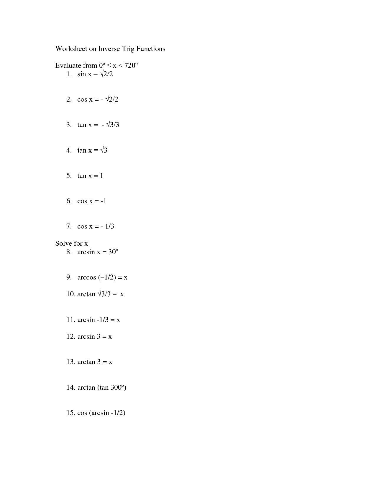 Inverse Trig Functions Worksheet With Answers Pdf