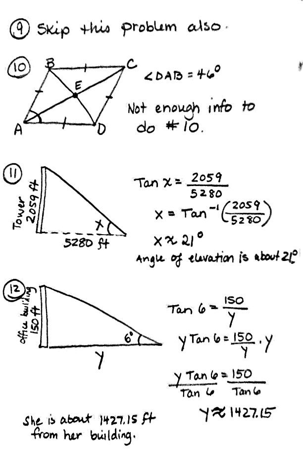 Trig Word Problems Worksheet Answers