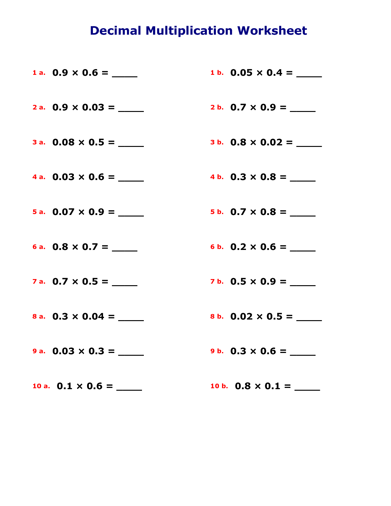 Division And Multiplication Decimals Worksheets