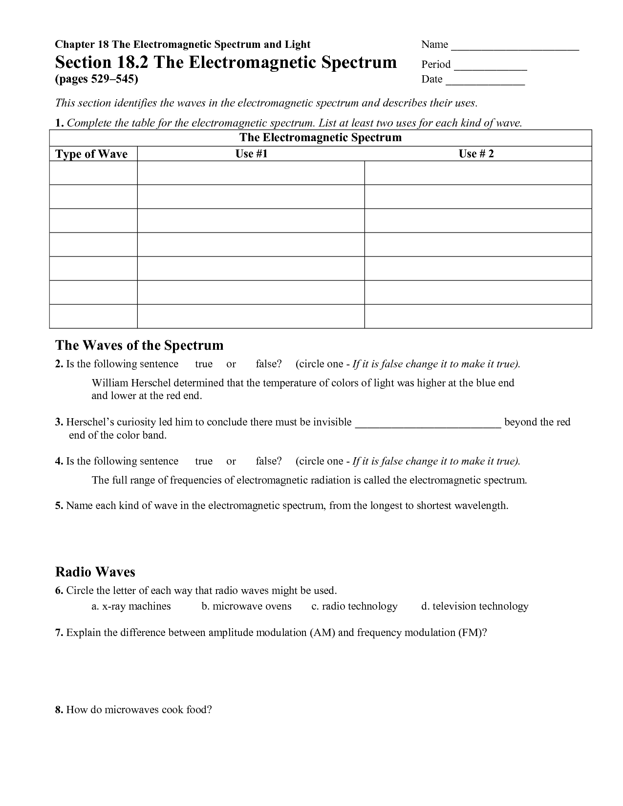 Electromagnetic Spectrum Waves Worksheet Answers