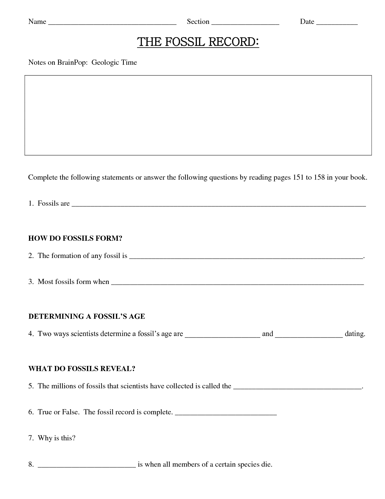 Fossil Record Worksheets