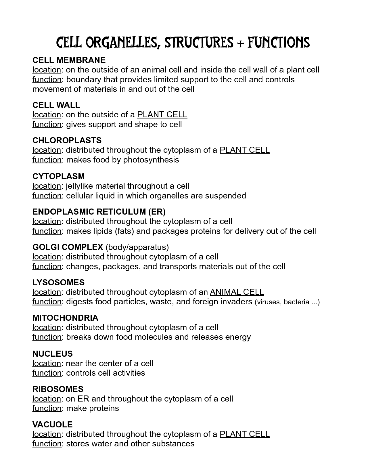 Cells And Their Organelles Worksheet