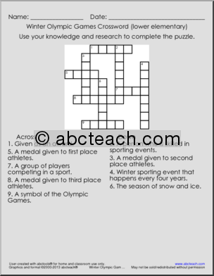 Winter Olympics Crossword Puzzle Worksheets