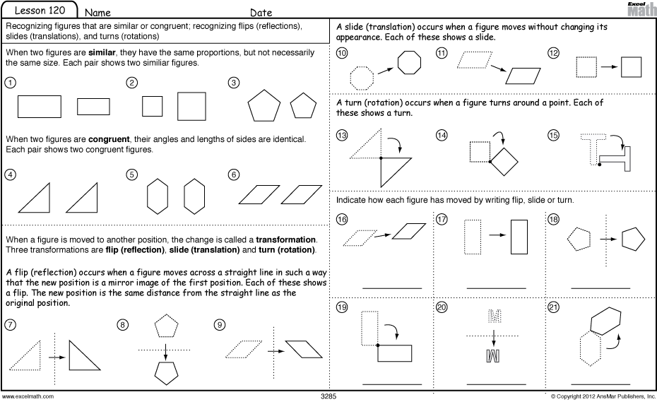 Geometry Slide Flip Turn Worksheets