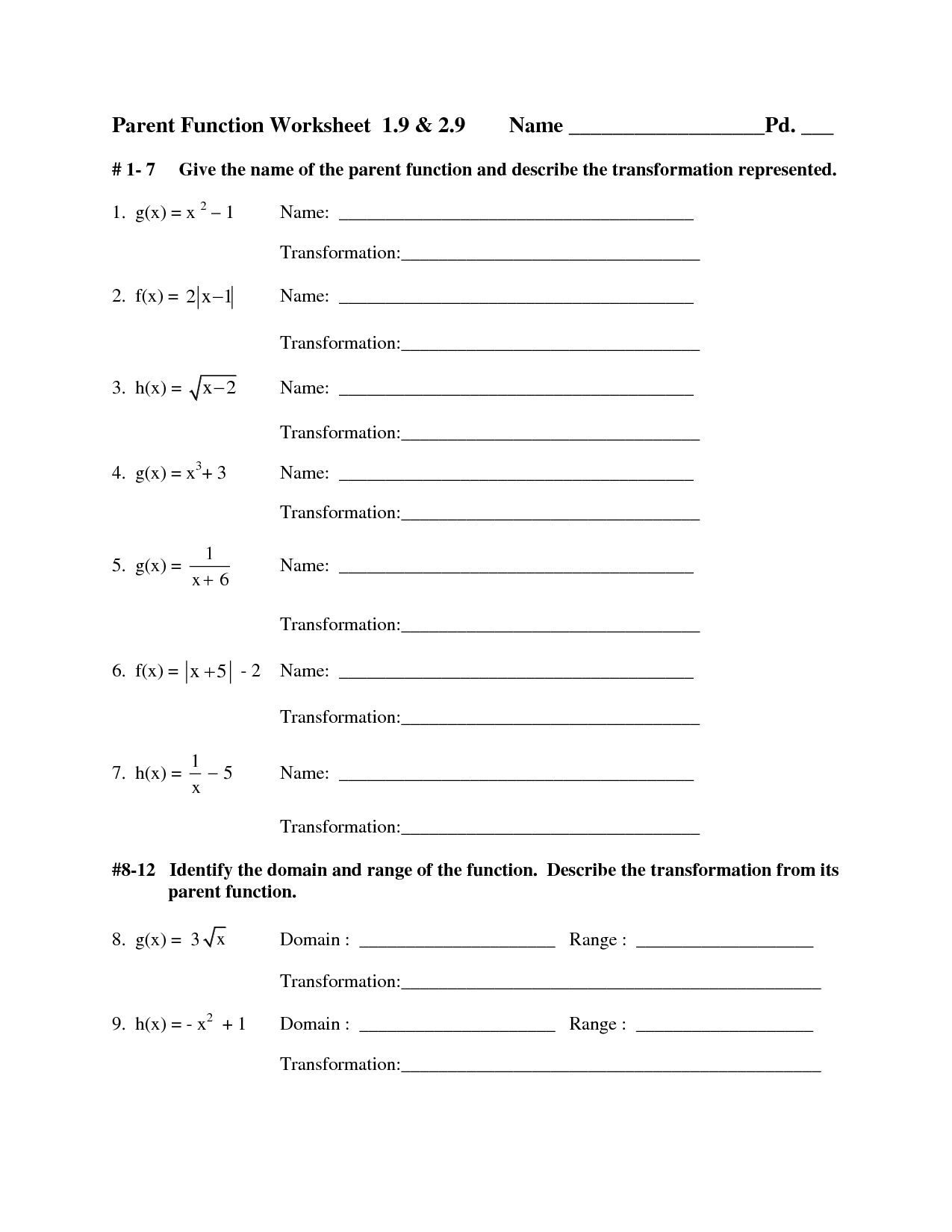 Parent Function Worksheet Answers