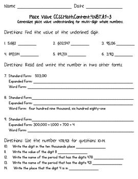 Place Value Worksheets 4th Grade Math Common Core
