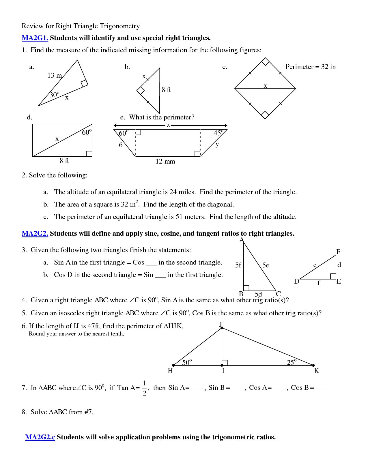 Special Right Triangles Worksheet
