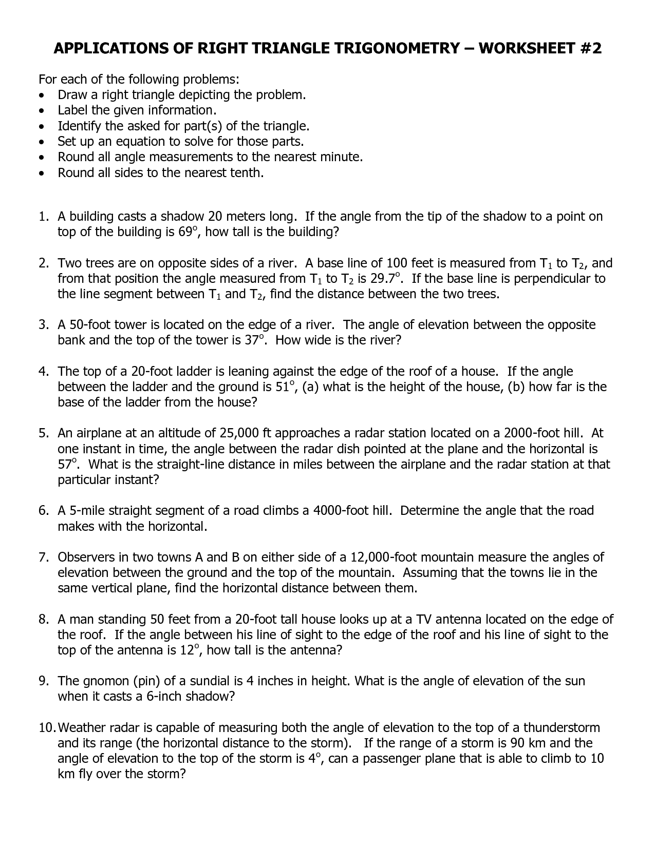 Right Triangle Word Problems Worksheet