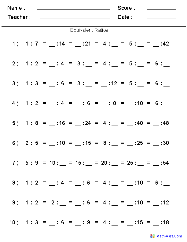 6th Grade Math Ratio Worksheets