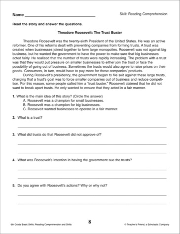 6th Grade Reading Comprehension Worksheets Questions