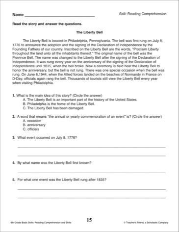 6th Grade Reading Comprehension Worksheets with Questions