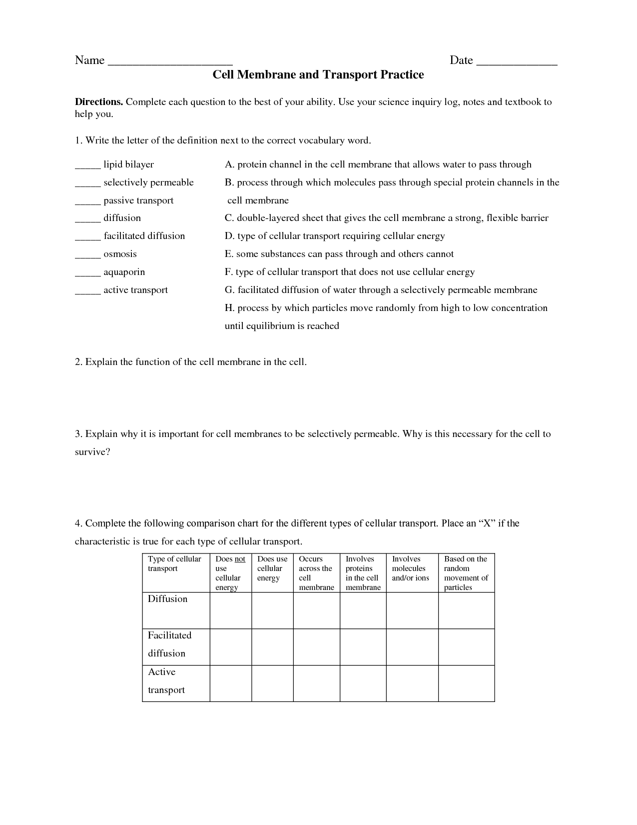 Cell Membrane Worksheet Answers