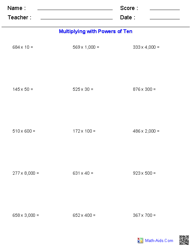 Power of 10 Multiplication Worksheets 5th Grade