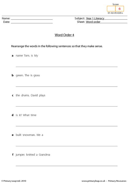 Sentence Word Order Worksheets