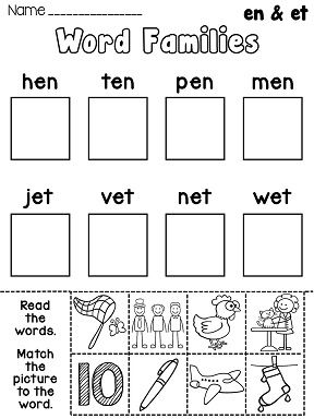 Short E Word Families Worksheets