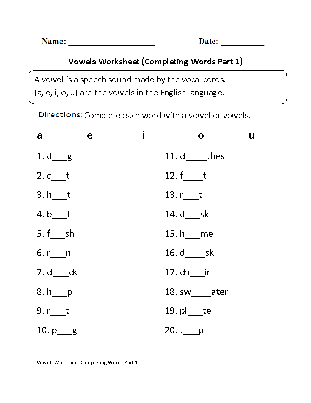Two Vowel Words Worksheets