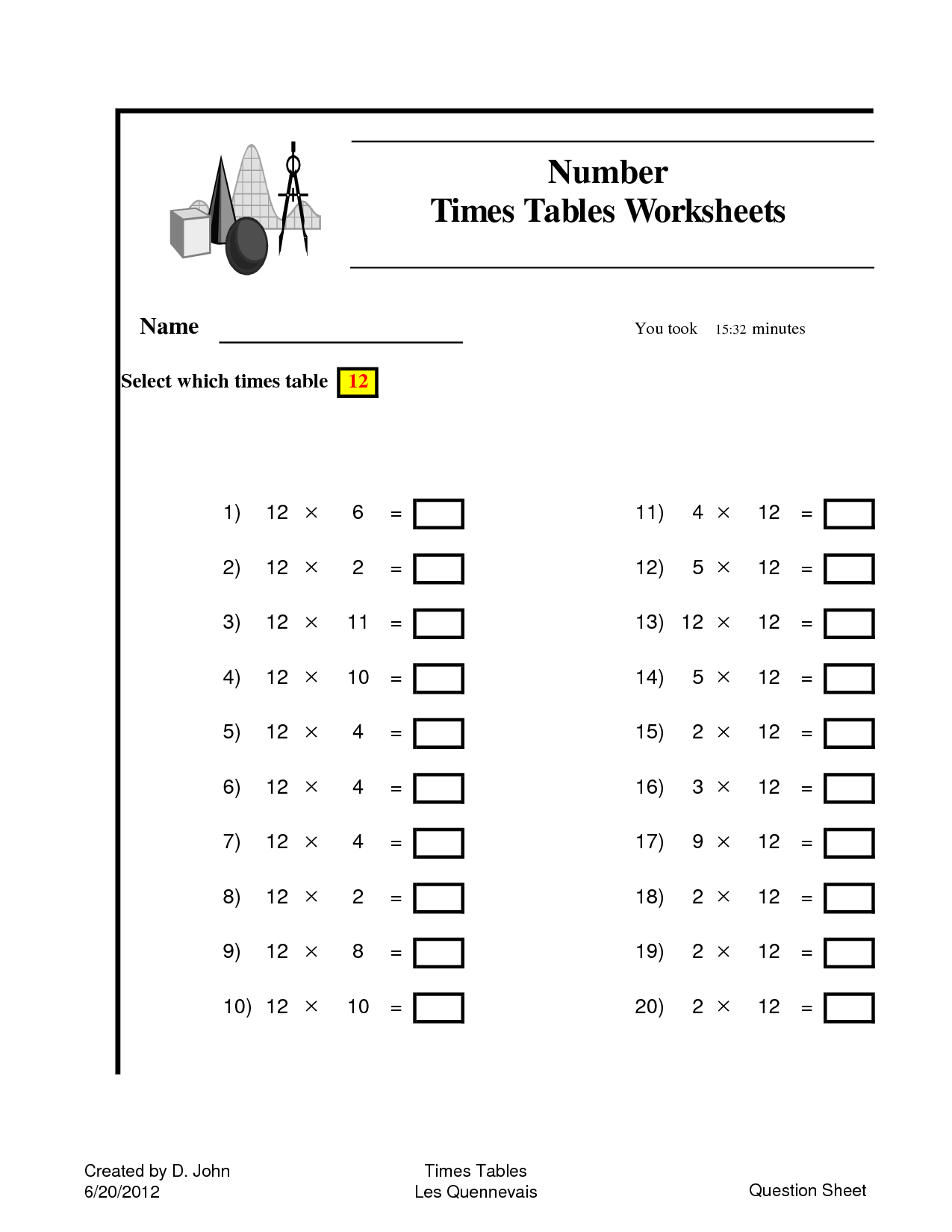 12 Times Table Worksheet Printable