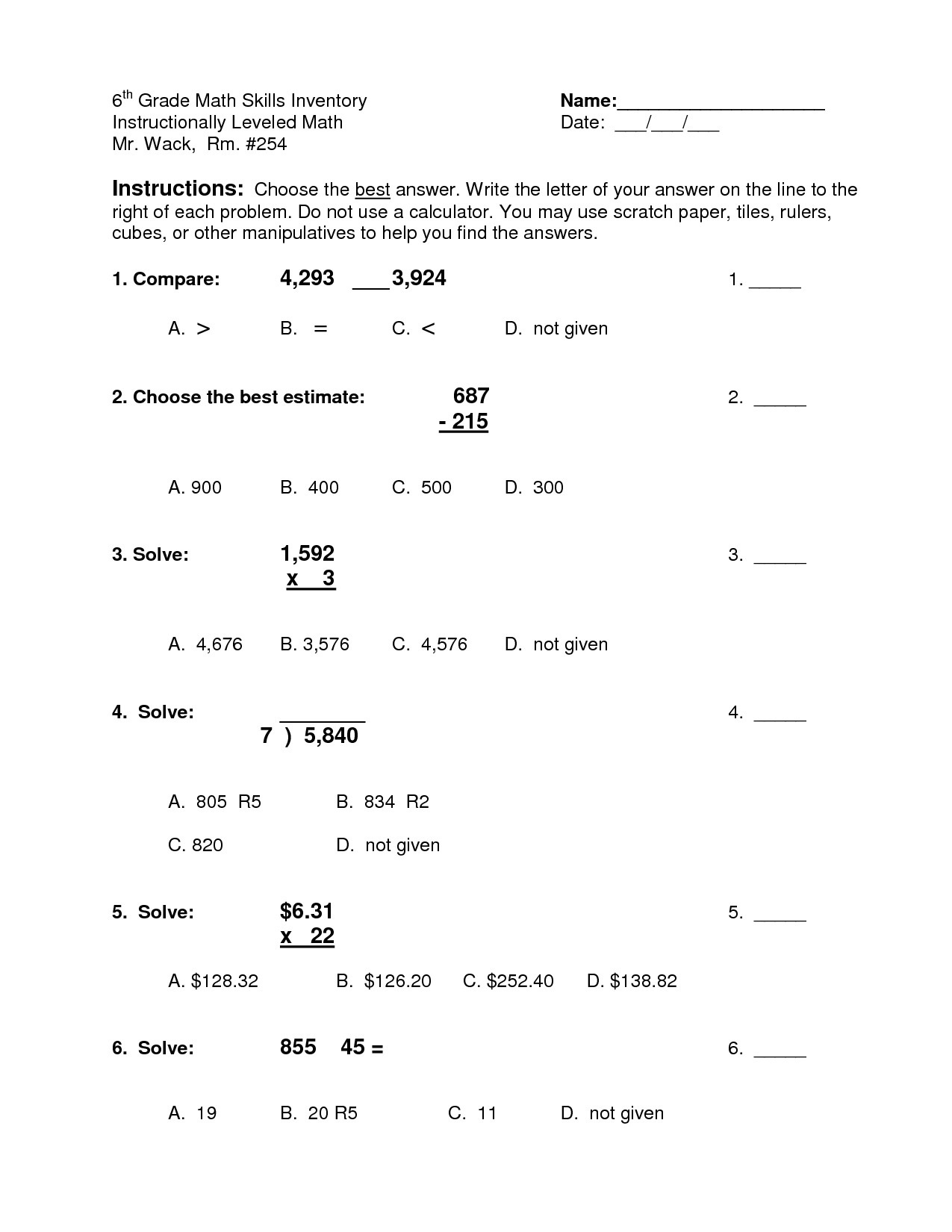 6th Grade Algebra Examples