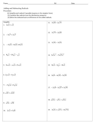 Algebra Simplifying Radicals Worksheets