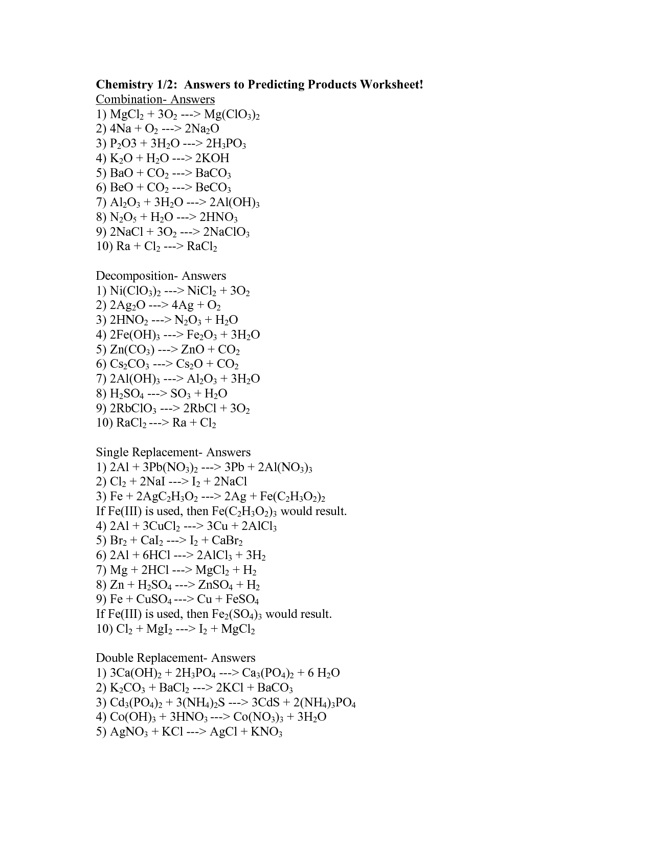 Predicting Products Of Chemical Reactions Worksheet Answer Key – Islero