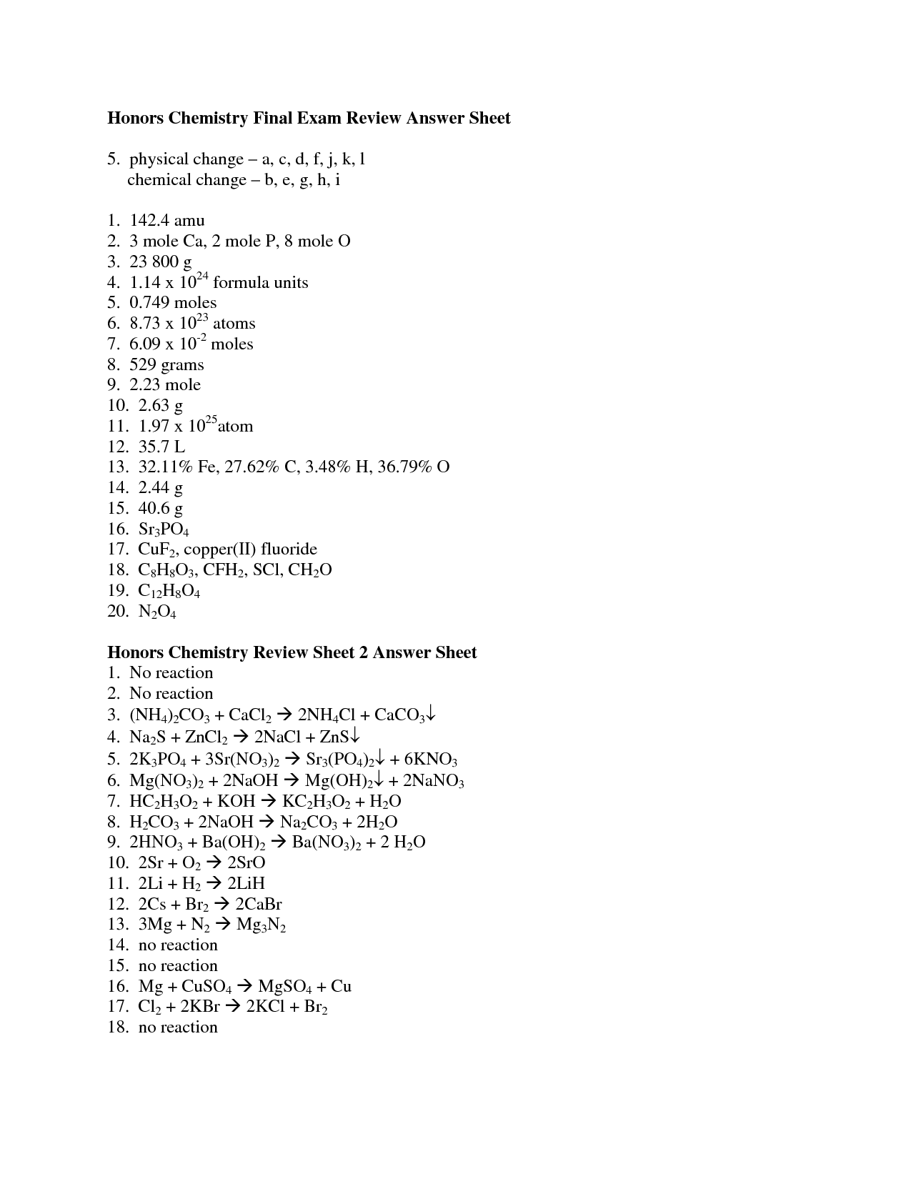 Chemistry Review Worksheet Answers