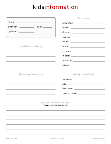  Printable Personal Information Sheet