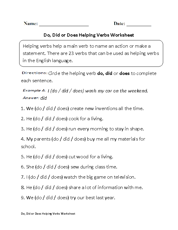 Action Linking And Helping Verb Worksheets