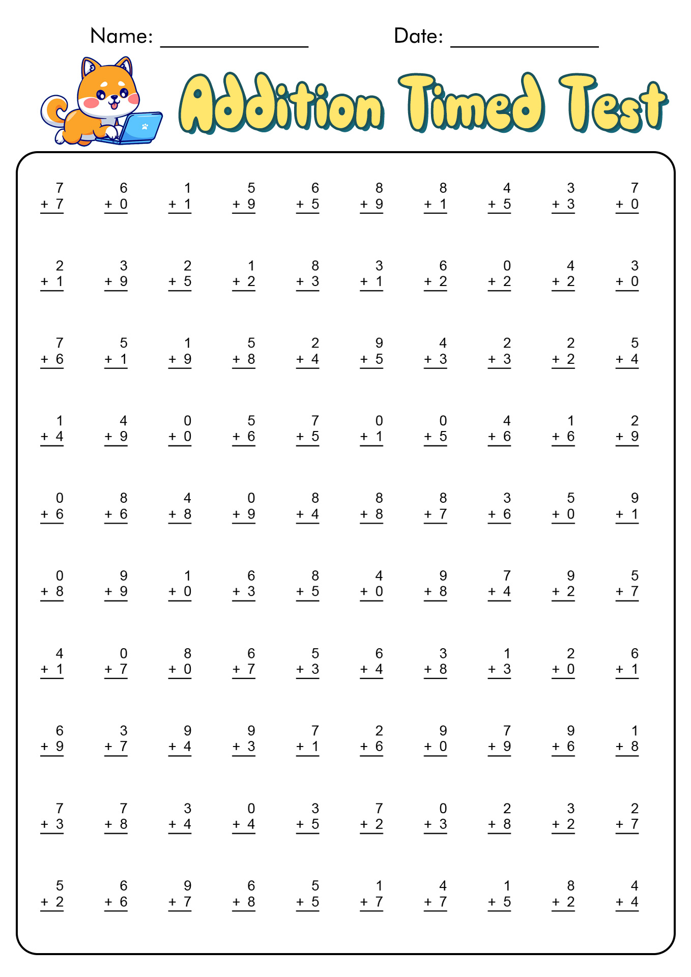 Free Printable Addition Timed Tests