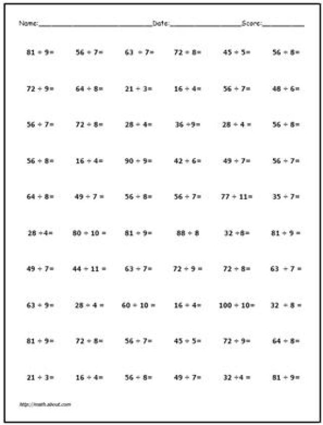 Math Facts Division Worksheets