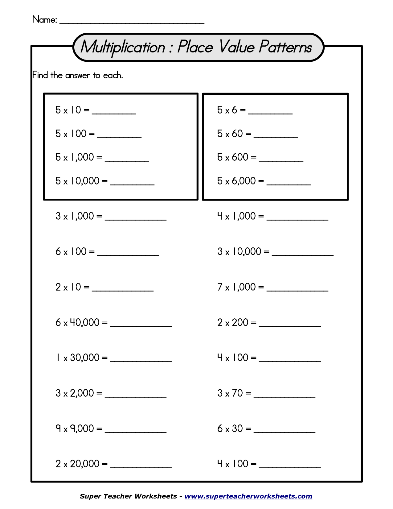 Math Multiplication Patterns Worksheets