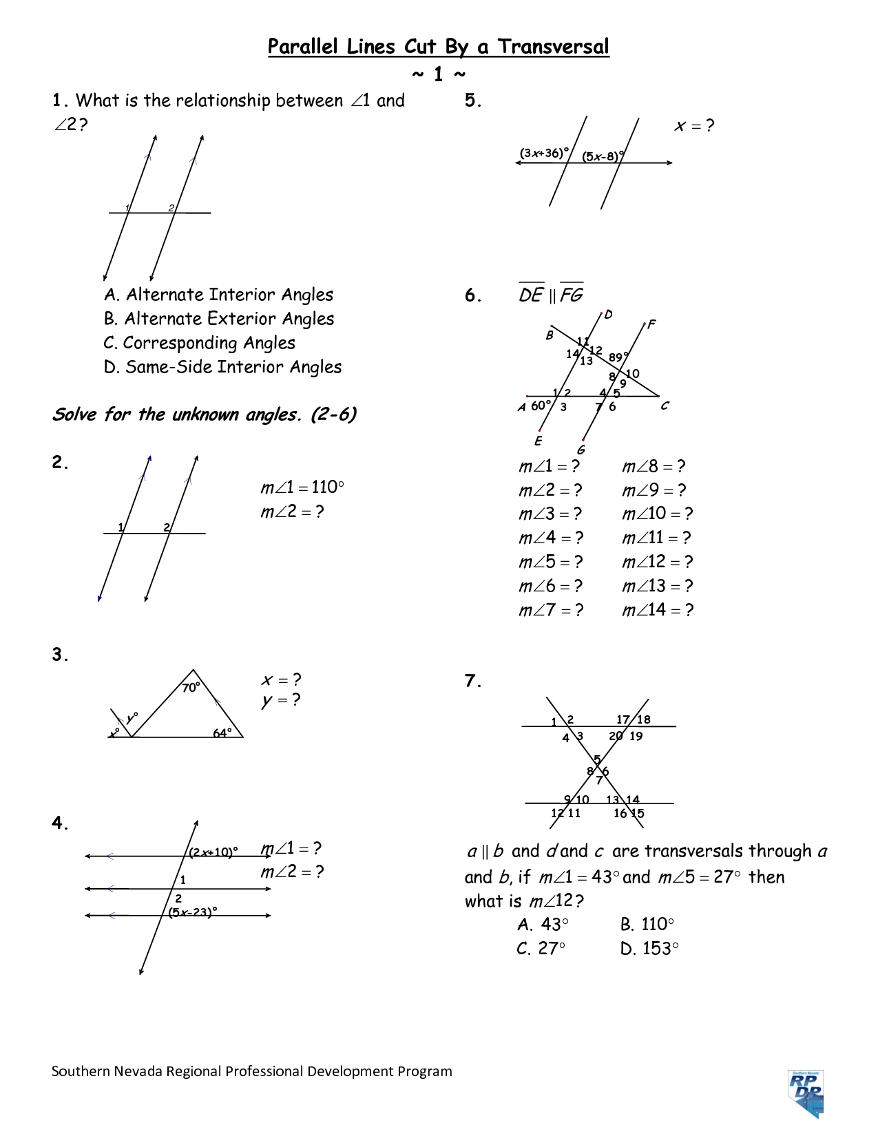 8 Best Images of Parallel Lines And Angles Worksheet  Angles with Parallel Lines Worksheet 