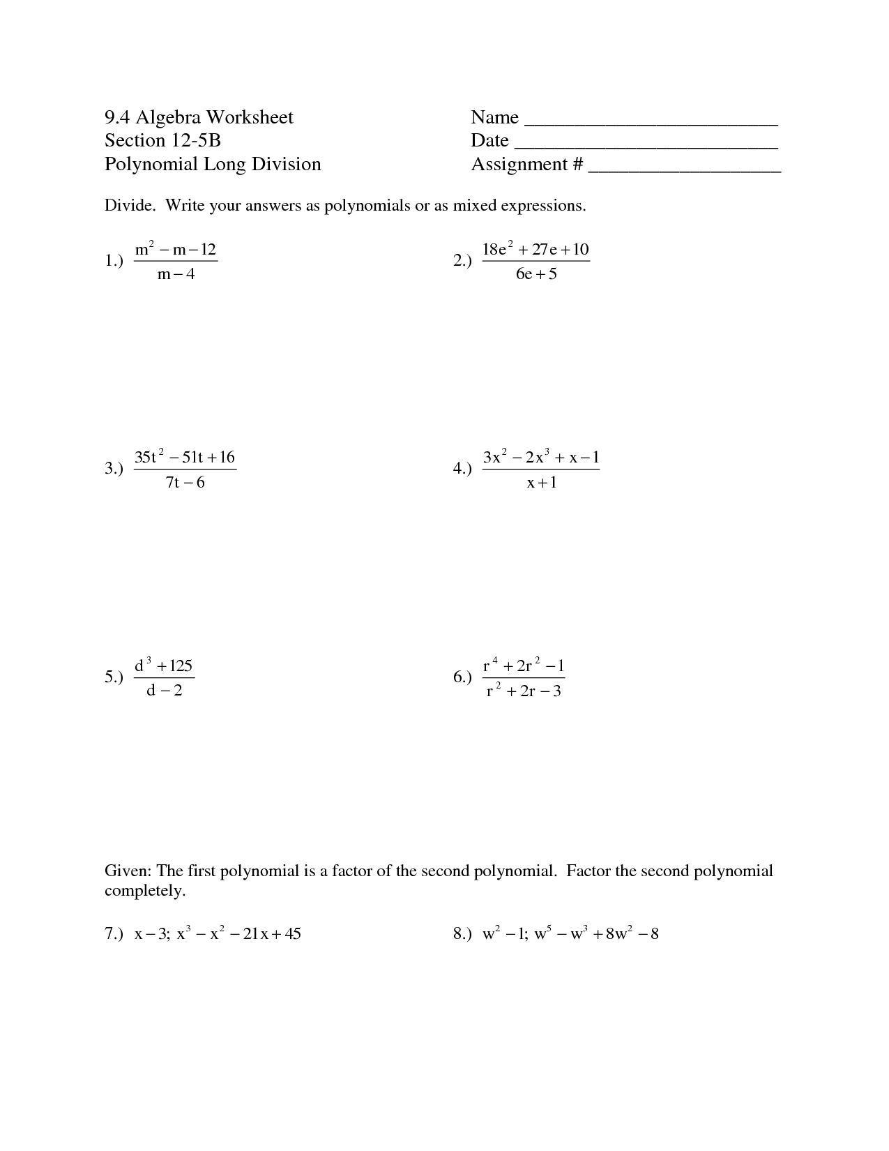 Polynomial Long Division Multiple Choice Worksheet