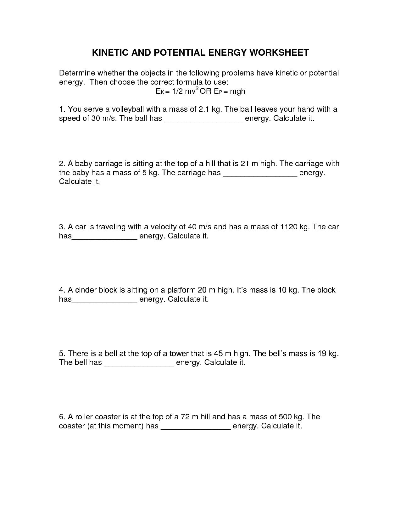 14 Best Images of Worksheets Potential And Kinetic Energy  Potential Energy Worksheets 