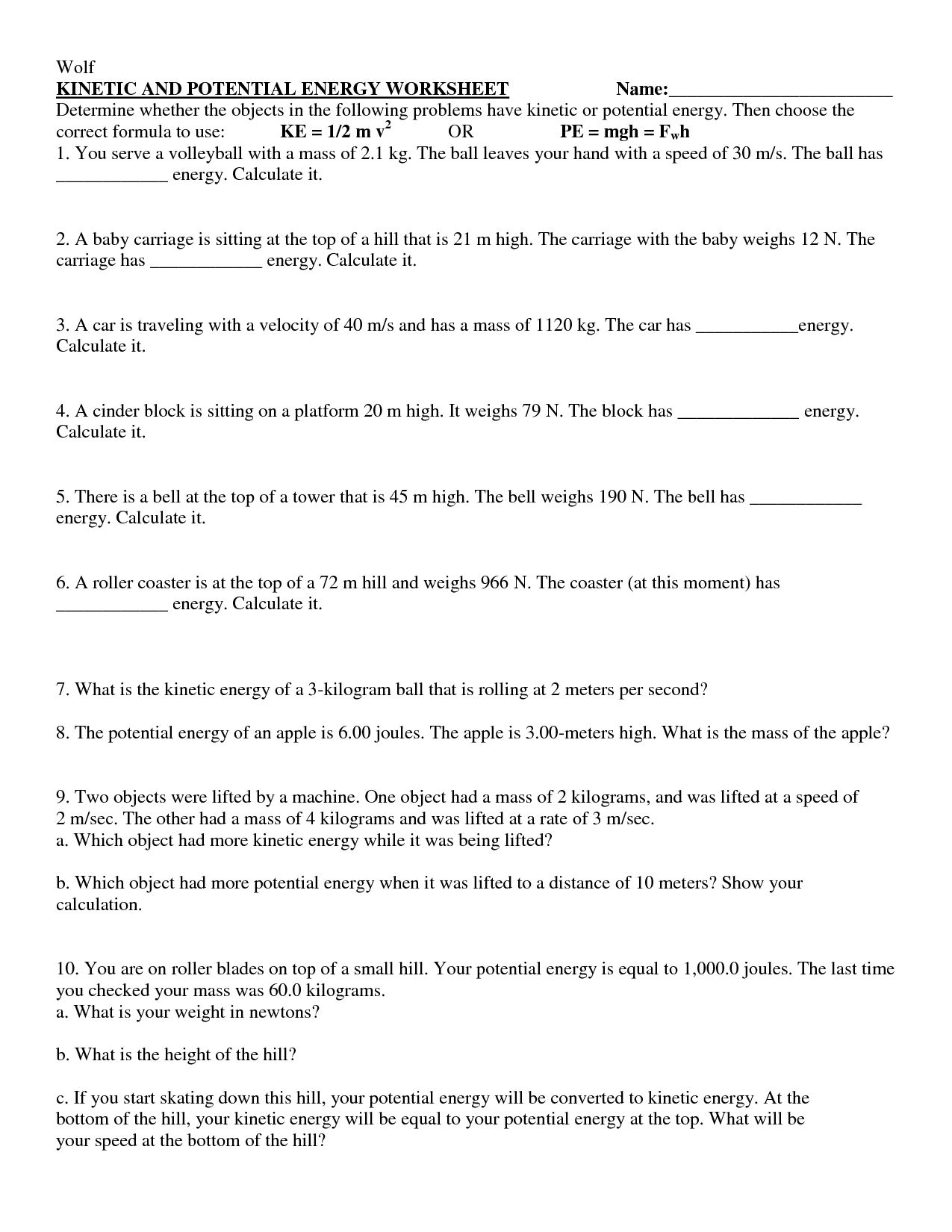 14 Best Images of Worksheets Potential And Kinetic Energy  Potential Energy Worksheets 