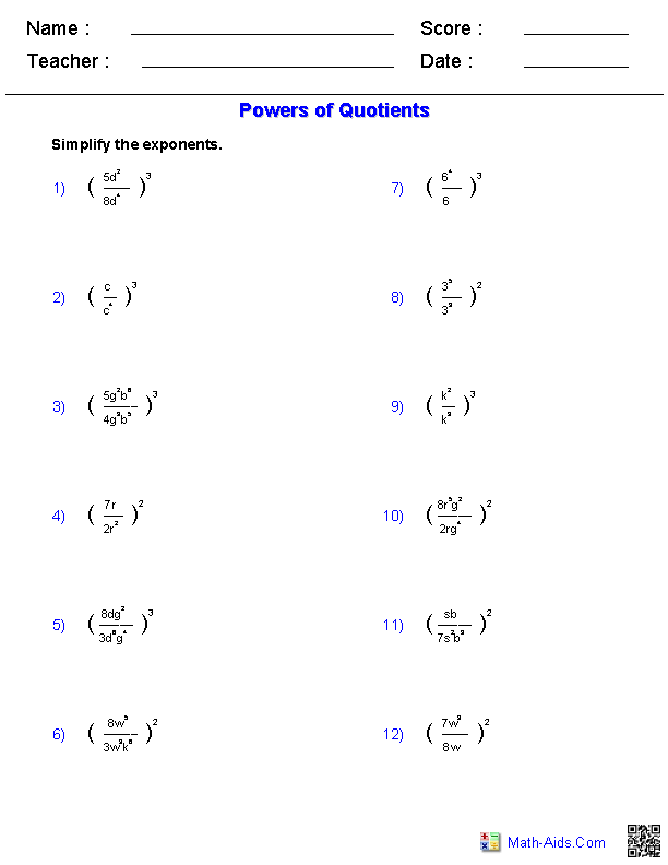 Powers and Exponents Worksheet