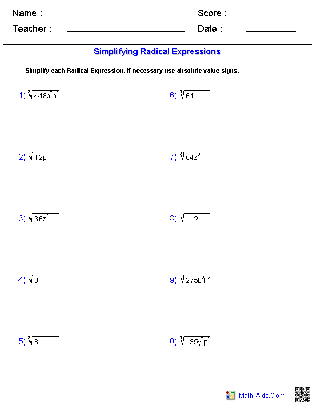 Simplifying Radical Expressions Worksheet